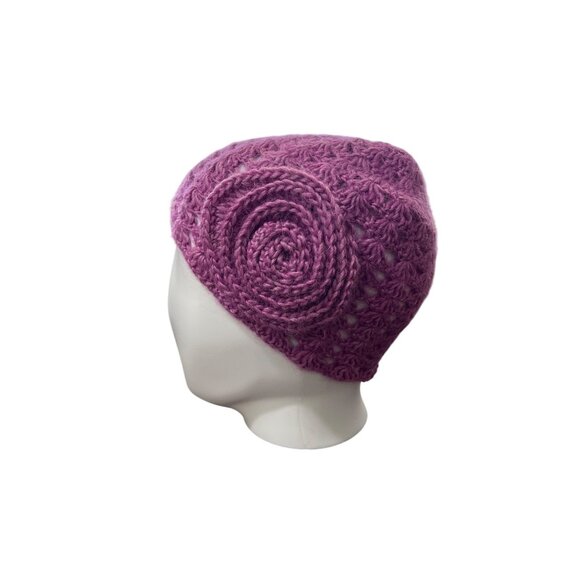 Echo Design Accessories - Echo Design Beanie Hat Wool Alpaca Purple Crochet Knit Rose Accent Womens NEW